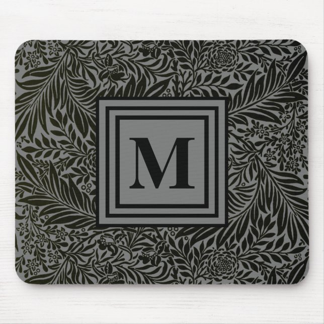 Elegant Gray and Black Monogrammed William Morris Mouse Mat (Front)