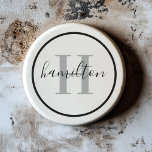 Elegant Gray Black Round Monogram Script Coaster<br><div class="desc">An elegant sandstone coaster featuring a gray serif initial and custom family name in delicate script, framed by a bold black circle on a crisp white background. The sophisticated gray and black palette creates a timeless, versatile accent for any home. A refined personalized gift for housewarmings, weddings, or anyone who...</div>