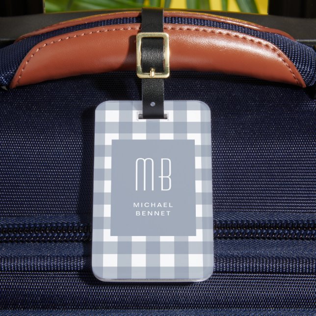 Elegant Gray Blue Gingham Monogram Luggage Tag (Front Insitu 2)