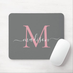 Elegant Gray Blush Pink Monogram Modern Script Mouse Mat