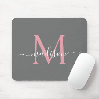 Elegant Gray Blush Pink Monogram Modern Script Mouse Mat