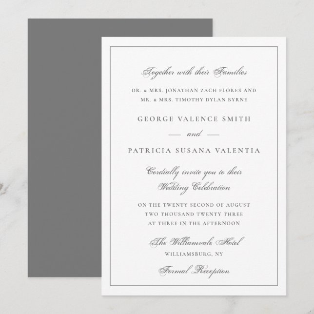 Elegant Gray Border Script Wedding Invitation (Front/Back)