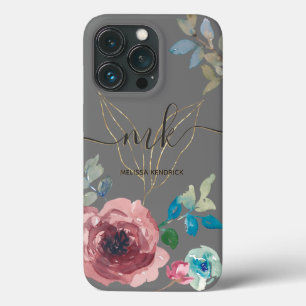 Elegant Gray Botanical Floral Roses Monogram Name iPhone 13 Pro Case