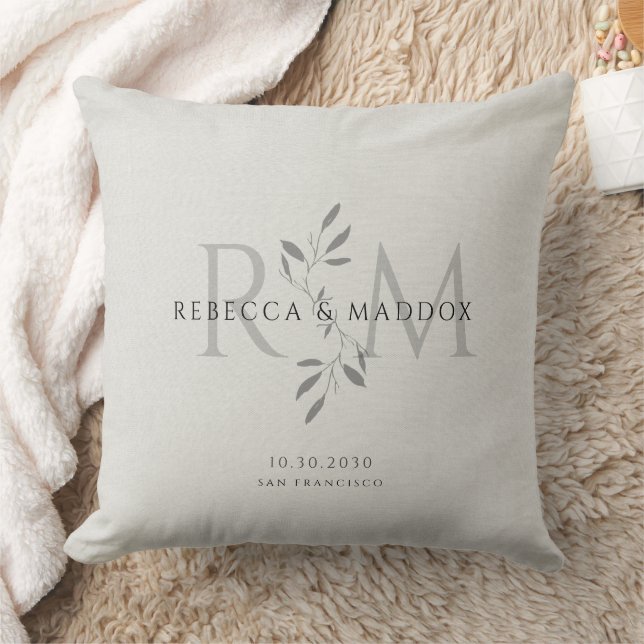 Elegant Gray Botanical Monogram Wedding Cushion (Blanket)