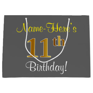 Elegant, Gray, Faux Gold 11th Birthday + Name Large Gift Bag