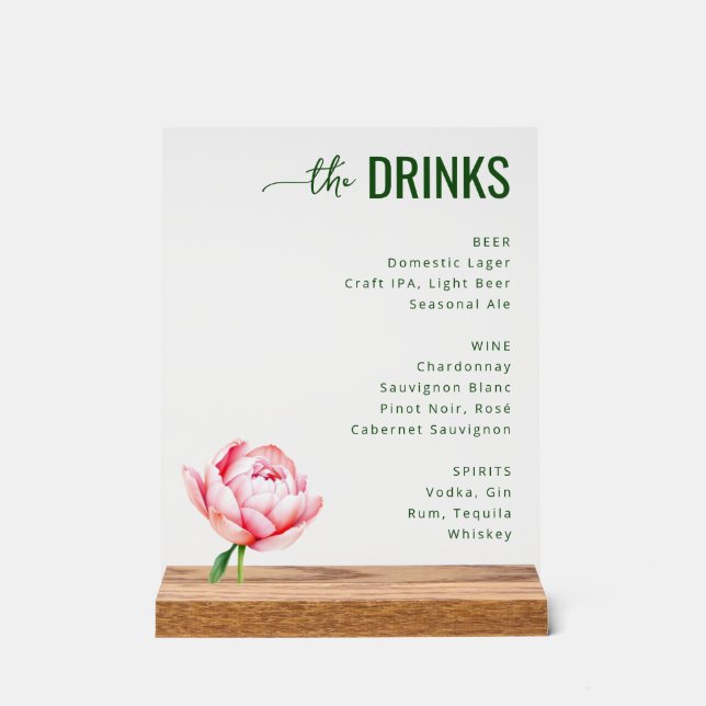 Elegant Gray Floral Beverage Menu Sign (Front)