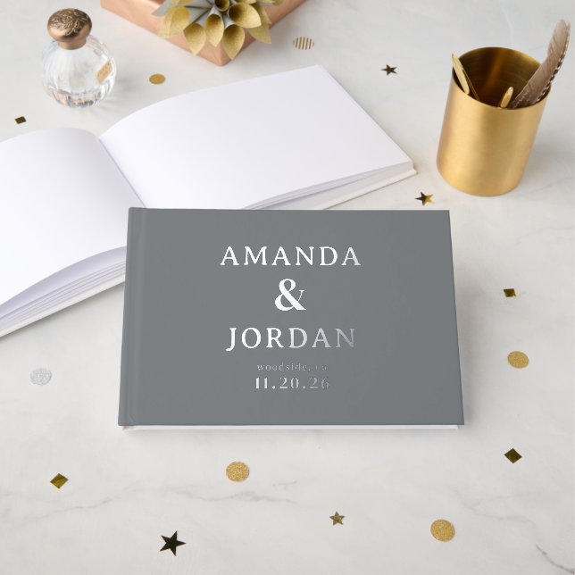 Elegant Gray Gold Accents Guest Book (Front Open)
