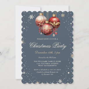 Elegant Gray Gold Red Ornaments Christmas Party Invitation