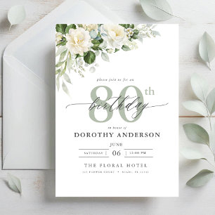 Elegant Gray Green Floral 80th Birthday Invitation