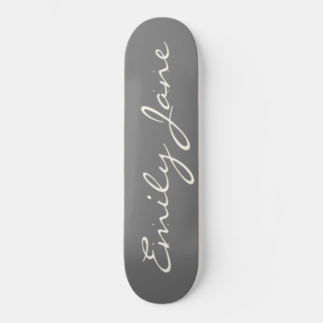 Elegant Gray Handwritten Script Name Custom Skateboard (Front)