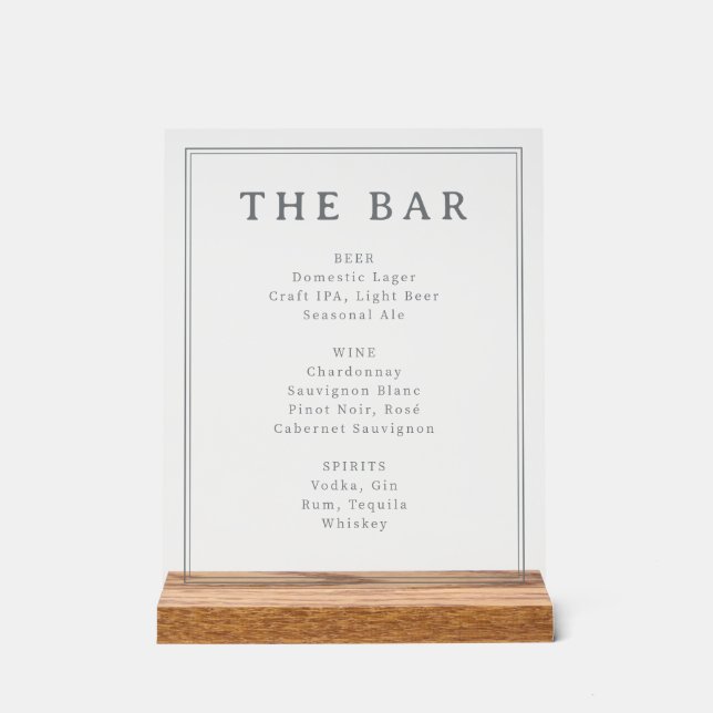 Elegant Gray Minimalist Bar Menu Acrylic Sign (Front)