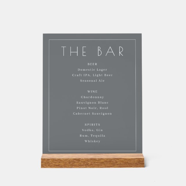 Elegant Gray Minimalist Bar Menu Acrylic Sign (Front)