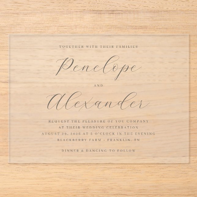 Elegant Gray Minimalist Calligraphy Acrylic Invitations (Front)