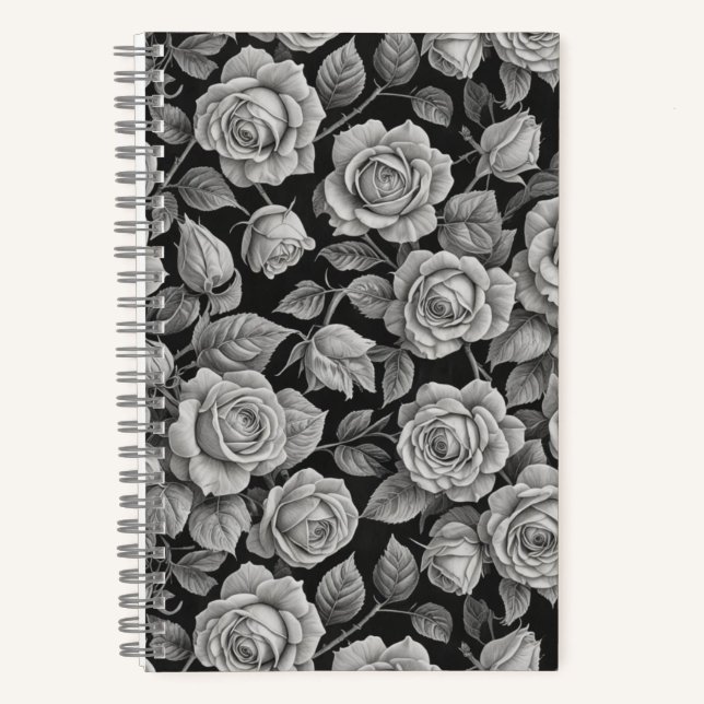 Elegant Gray Roses on Black Journal – Moody Floral (Front)