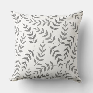 Elegant Gray Tropical Leaves on White Cushion