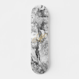 Elegant gray white modern marble gold monogram skateboard