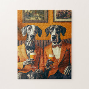Elegant Great Dane Dogs Orange Suits Jigsaw Puzzle