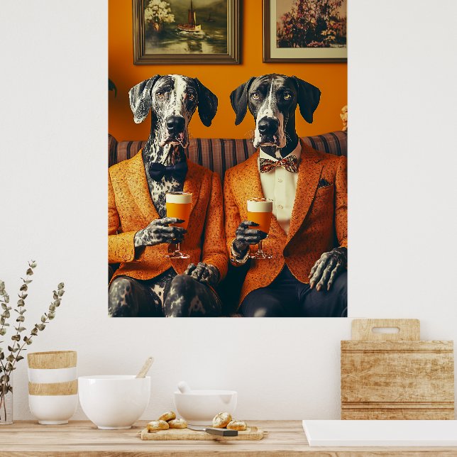 Elegant Great Dane Dogs Orange Suits Poster (Kitchen)