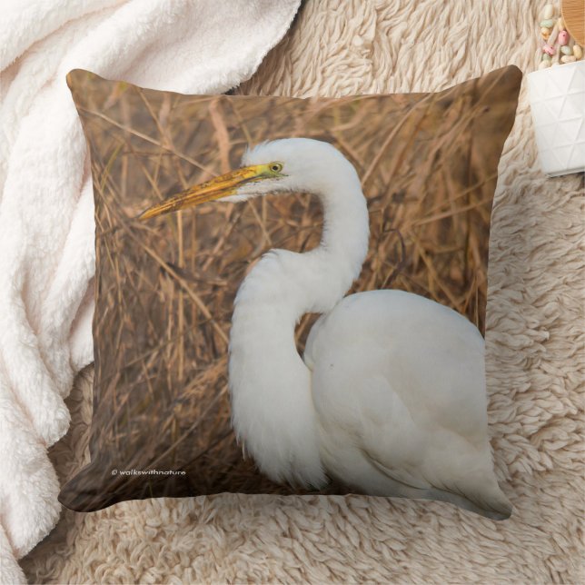 Elegant Great Egret Wading Bird in the Reeds Cushion (Blanket)
