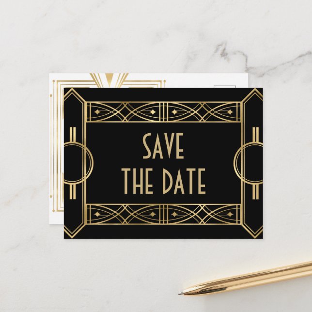 Elegant Great Gatsby Art Deco Save the Dates Announcement Postcard (Front/Back In Situ)