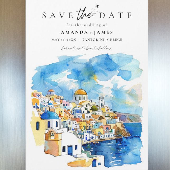 Elegant Greece Destination Wedding Save the Date Magnetic Invitation (Save the Date magnet featuring a watercolor illustration of Santorini, Greece, with vibrant blue.)