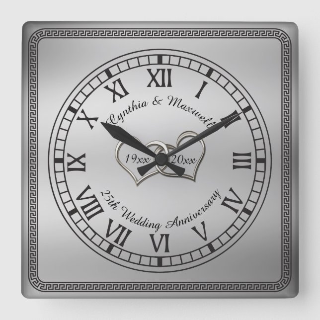 Elegant Greek Key 25th Wedding Anniversary Square Wall Clock (Front)