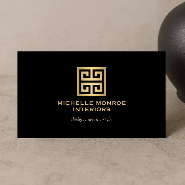Elegant Greek Key Designer Logo Gold/Black Business Card (Creator Uploaded)