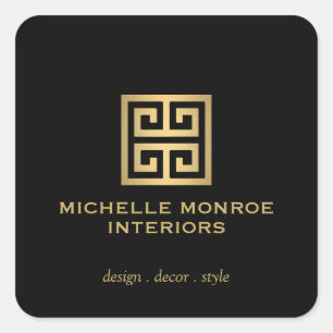 Elegant Greek Key Designer Logo Gold/Black Square Sticker