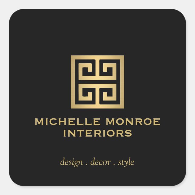 Elegant Greek Key Designer Logo Gold/Black Square Sticker (Front)