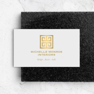 Elegant Greek Key Designer Logo Gold/Light Grey Business Card
