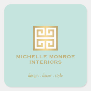 Elegant Greek Key Designer Logo Gold/Mint Square Sticker