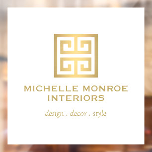 Elegant Greek Key Designer Logo Gold/White Window Cling