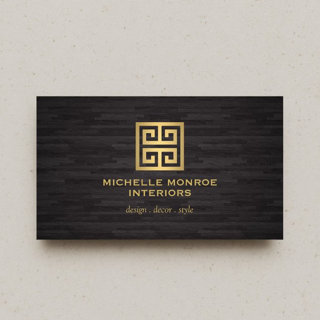 Elegant Greek Key Designer Logo Gold/Woodgrain Business Card (Creator Uploaded)