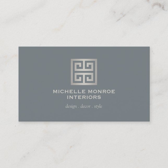 Elegant Greek Key Designer Logo Silver/Slate Grey Business Card (Front)