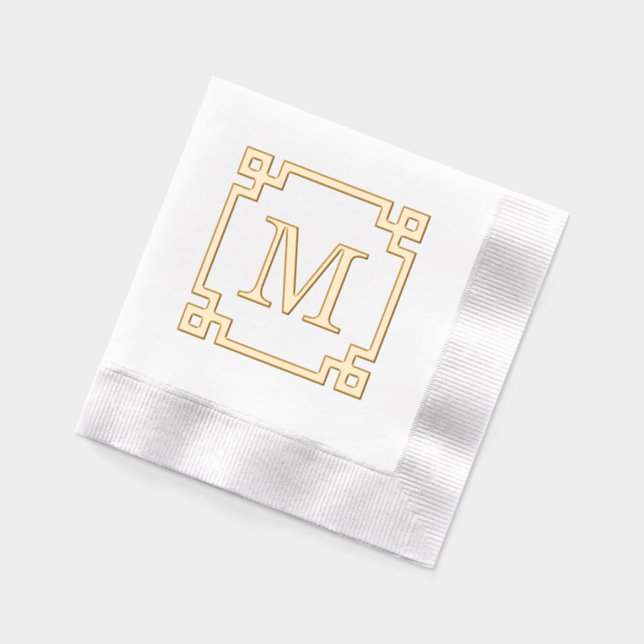 Elegant Greek Key Framed Single Initial Monogram  Foil Napkins (Left)