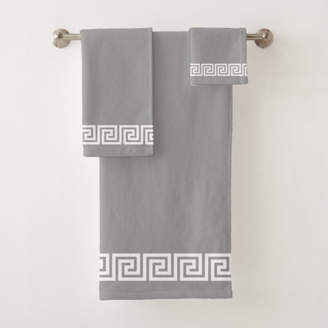 Elegant Greek Pattern Frame on Silver Grey Bath Towel Set (Insitu)