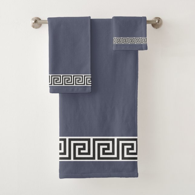 Elegant Greek Pattern on Grey & White Bath Towel Set (Insitu)