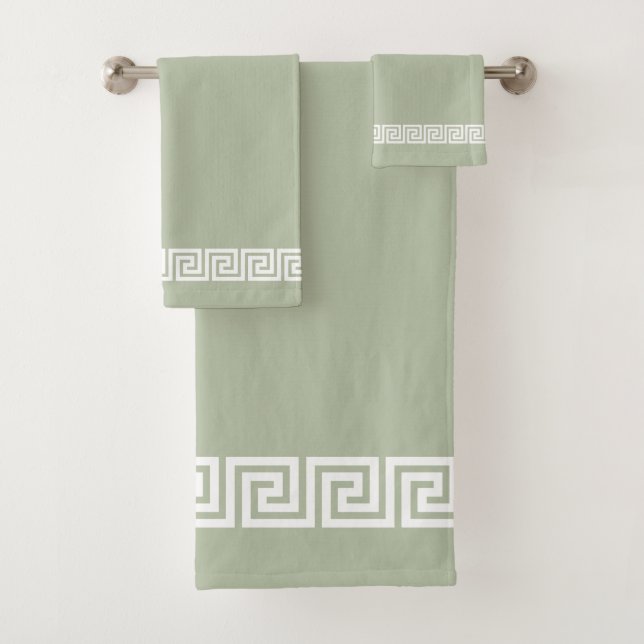 Elegant Greek Pattern on Sage Green Bath Towel Set (Insitu)
