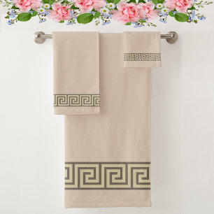 Elegant Greek Pattern on Sand Beige and Brown Bath Towel Set
