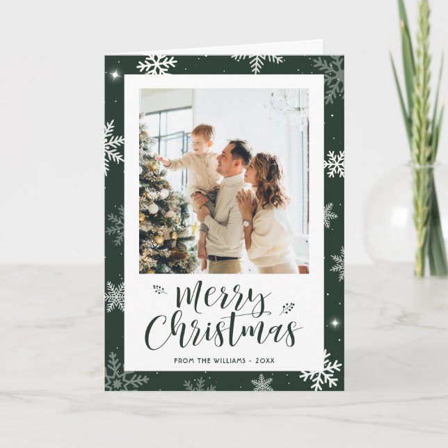 Elegant Green 2 Photo Snowflake Christmas  Holiday Card (Front)