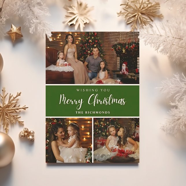 Elegant Green 5 photo collage Merry Christmas  Holiday Card (Creator Uploaded)