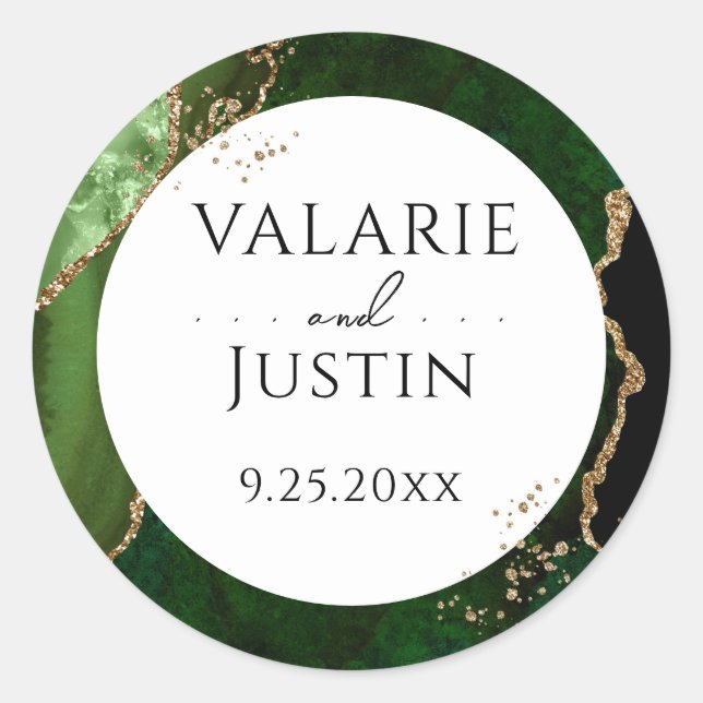 Elegant Green Agate Gold Glitter Wedding Sticker (Front)