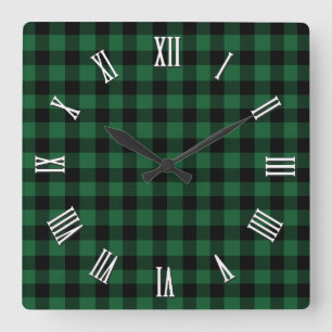 Elegant green and black buffalo plaid, chequered square wall clock