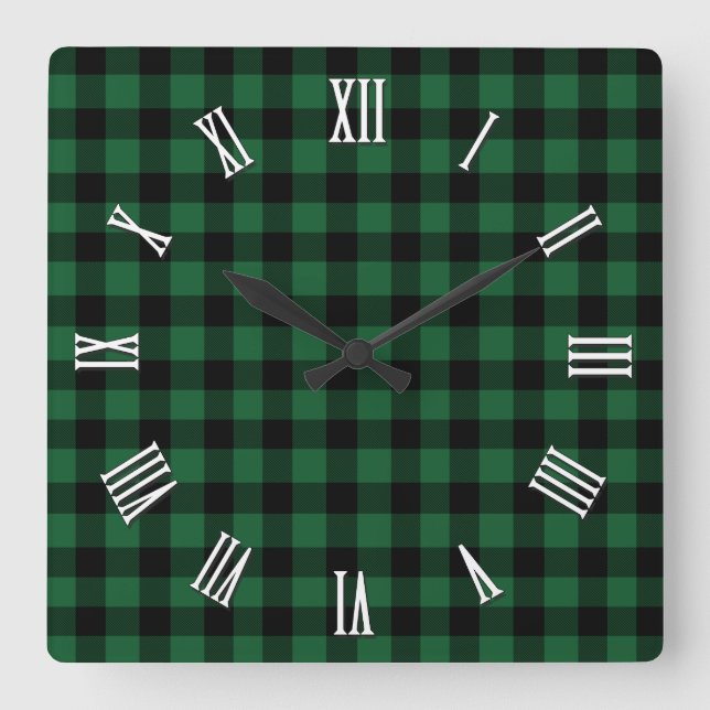 Elegant green and black buffalo plaid, chequered square wall clock (Front)