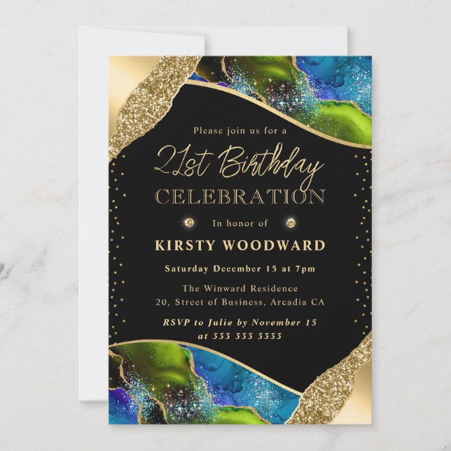 Elegant Green and Blue Agate 21st Birthday Invitation (Front)