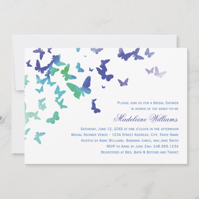 Elegant Green and Blue Butterflies Bridal Shower Invitation (Front)