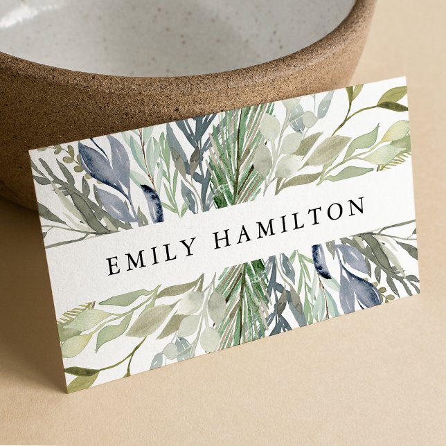 Elegant Green and Blue Watercolor Foliage Business Card (Creator Uploaded)