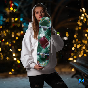 Elegant Green and Burgundy Plaid Skateboard