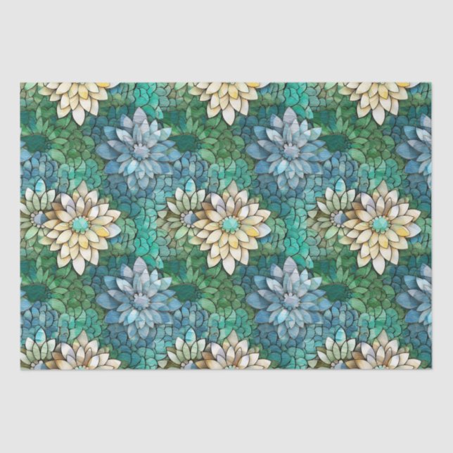 Elegant Green and Cream Flowers Mosaic Pattern Tissue Paper (Front)