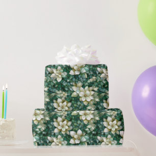 Elegant Green and Cream Flowers Mosaic Pattern Wrapping Paper